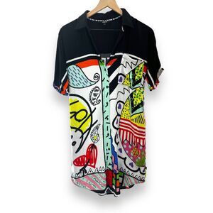 Desigual-Abstract Print-Shirt Dress-Multicolor-Button Up-Art to Wear-Size Small